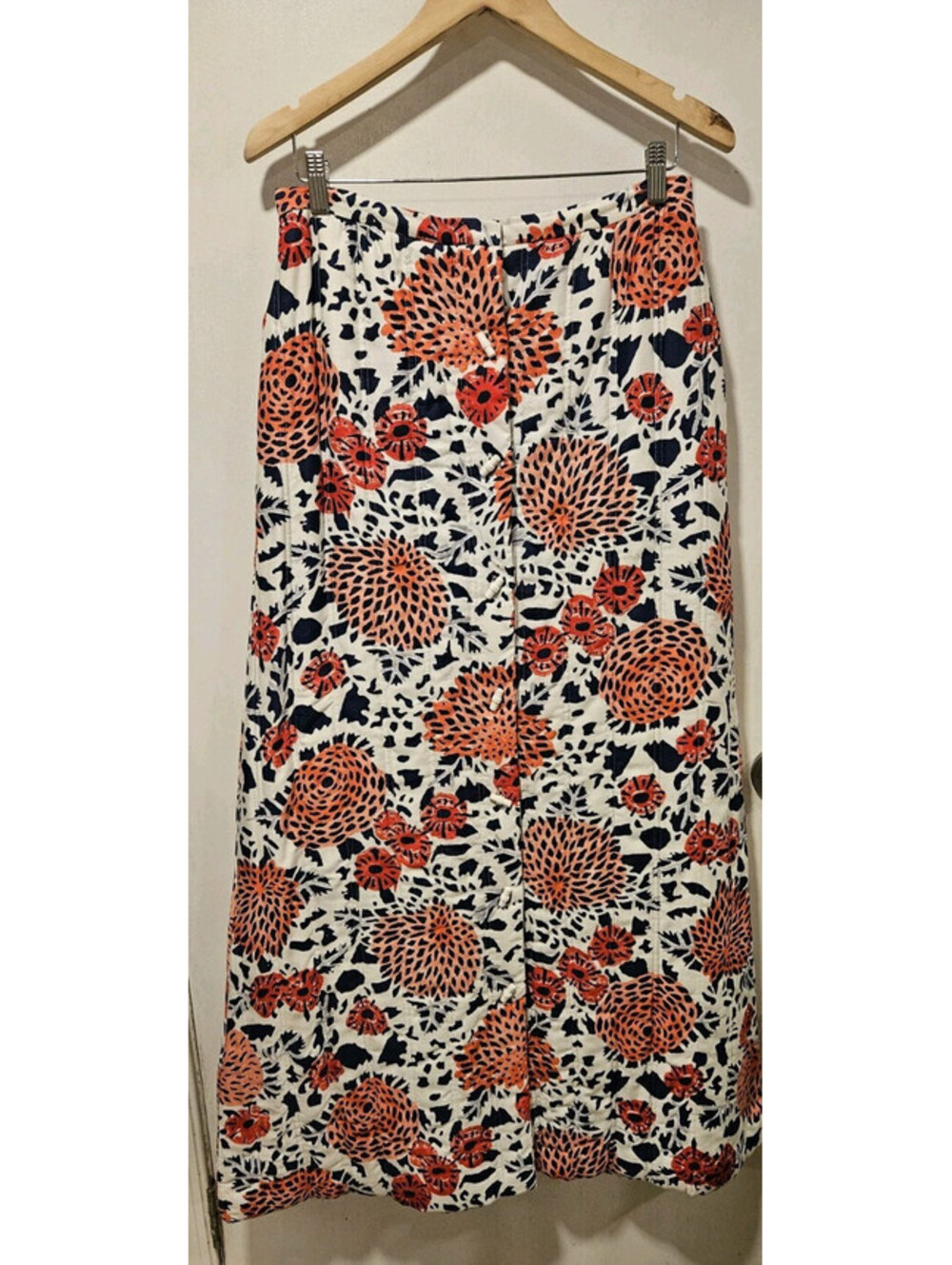 Vera Neumann Vintage Maxi Skirt Quilted Floral White Blue Red Pink Toggle Button